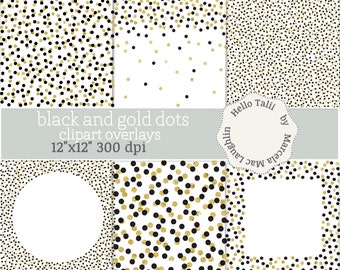 BLACK and GOLD DOTS Confetti Clipart Overlays- 6 Transparent Png + 6 White background Digital Papers- Confetti dots big small Border Frames