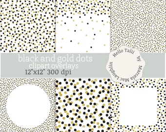 BLACK and GOLD DOTS Confetti Clipart Overlays- 6 Transparent Png + 6 White background Digital Papers- Confetti dots big small Border Frames