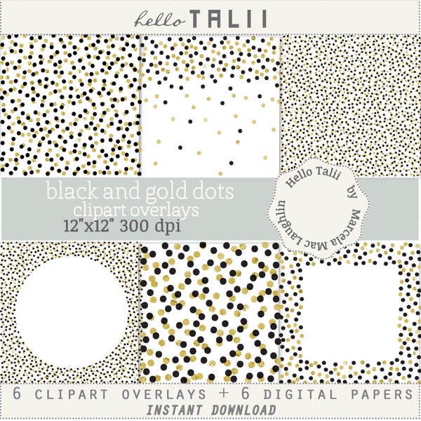 BLACK and GOLD DOTS Confetti Clipart Overlays- 6 Transparent Png + 6 White background Digital Papers- Confetti dots big small Border Frames