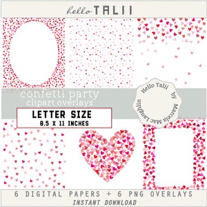 CORAZONES Rojos TAMAÑO CARTA-  Capas Transparentes + Papel Digital Confetti de corazones Marcos ovales rectangulares borde para San Valentin