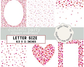 Red HEARTS Overlays LETTER SIZE Transparent Png + Jpg Digital Papers 8.5 x 11- Hearts Confetti Oval and Rectangular Frames St Valentine's