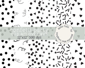 BLACK Confetti Transparent OVERLAYS + Digital Papers- Birthday Party Confetti Clipart PNG Overlays Hearts Stars Dots Sprinkles Mix Popper