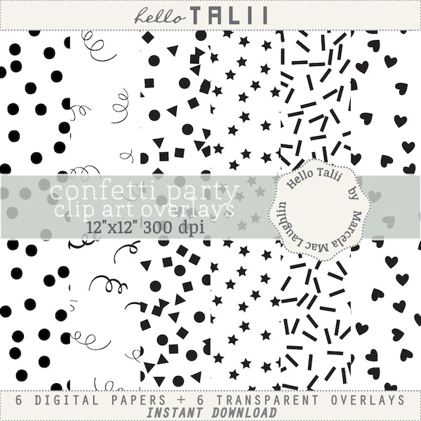 Confetti NEGRO Clipart y Papel Digital JPG + PNG- 6 papeles blancos con confetti negro + 6 Png fondo transparente para fiestas
