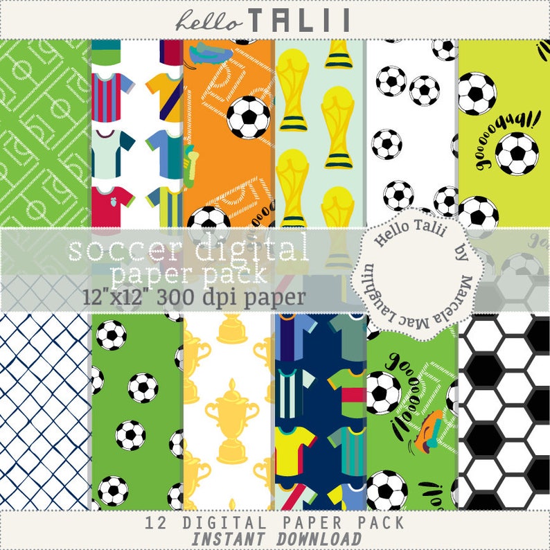 Pode incluir: Um pacote de papel digital com 12 padr&otilde;es tem&aacute;ticos de futebol. Os padr&otilde;es incluem bolas de futebol, camisas, trof&eacute;us e redes. O papel mede 30,48 cm por 30,48 cm e 300 dpi.
