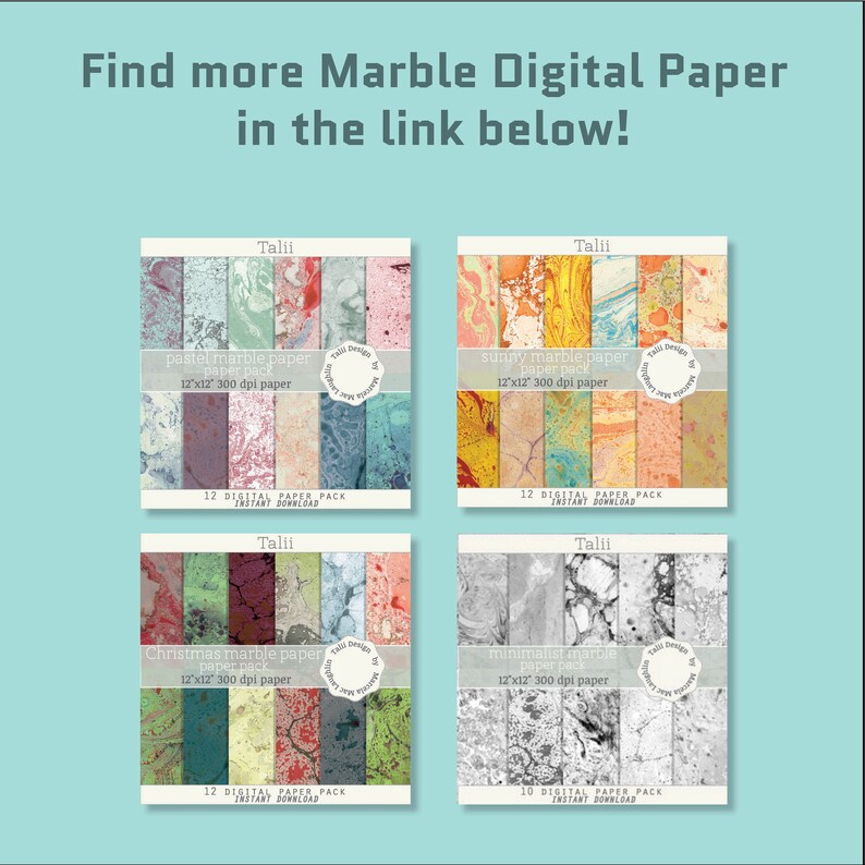 Pu&ograve; includere: Sono esposti quattro pacchetti di carta digitale con disegni marmorizzati. I pacchetti sono etichettati come "pastel marble paper", "sunny marble paper", "Christmas marble paper" e "minimalist marble". Ogni pacchetto contiene 12 carte digitali, 30.48cm x 30.48cm a 300 dpi.