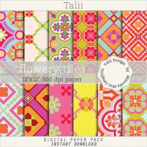 Flowery TILES DIGITAL PAPER- Vintage Moroccan Mosaics Flower Tiles Pattern Mosaiques Background in Bright Summer Colors for cards gift wrap