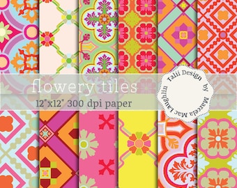 Flowery TILES DIGITAL PAPER- Vintage Moroccan Mosaics Flower Tiles Pattern Mosaiques Background in Bright Summer Colors for cards gift wrap