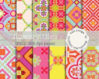 Mosaicos floreados PAPEL DIGITAL- Mosaicos antiguos Tramas de flores Mosaicos Azulejos en Colores Brillantes para albumes tarjetas bodas