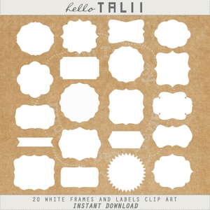 May include: A set of 20 white frames and labels clip art. The frames and labels are in various shapes and sizes, including circles, squares, rectangles, and ovals. The frames and labels are ideal for adding a touch of elegance to your projects.