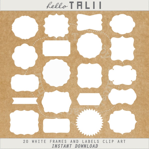 WHITE LABELS DIGITAL- White Frames Clip Art- 20 vintage labels tags banners square frames scallop circles Back to school elements Weddings