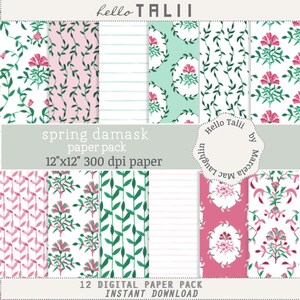 WATERCOLOR FLOWERS Digital Paper- Floral Damask Backgrounds Entangled Leaves and Flowers in Pink Green and White for Wedding Invites Decor
