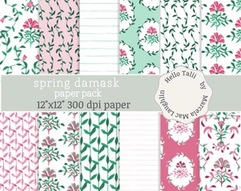 WATERCOLOR FLOWERS Digital Paper- Floral Damask Backgrounds Entangled Leaves and Flowers in Pink Green and White for Wedding Invites Decor