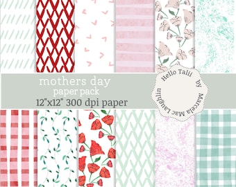 WATERCOLOR FLORAL Digital Paper- Watercolor Flower Bouquets Marble Paper Crosshatch and Stripes in Pink Mint Red -Valentines Day Cards /Tags