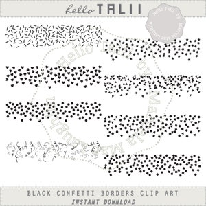 BLACK CONFETTI BORDERS Clip Art- 8 Black Borders Overlays Sprinkles Stars Hearts Dots Triangles Squares Mix Confetti for party invites cards