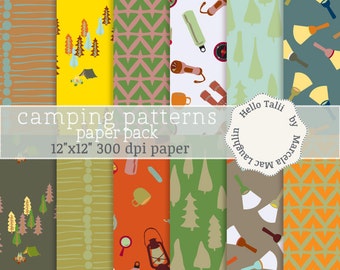 May include: A set of 12 digital camping themed paper patterns in various colors and designs. The patterns include trees, tents, lanterns, mugs, compasses, and other camping gear. The patterns are 12 inches by 12 inches and 300 dpi.