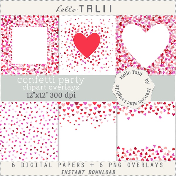 RED HEARTS Clipart Overlays- Transparent PNG + White Digital Papers- Hearts Confetti Borders Frames St Valentine's Day Cards Templates Pics