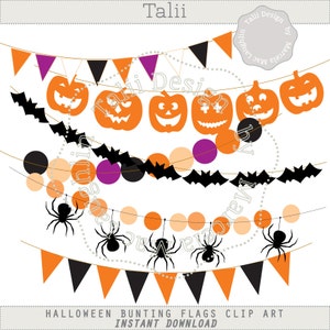 Halloween Clipart HALLOWEEN Bunting Flags and Banners- Clipart flags Halloween decor pumpkins spiders bats wreath orange black garland
