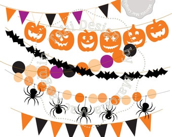 Halloween Clipart HALLOWEEN Bunting Flags and Banners- Clipart flags Halloween decor pumpkins spiders bats wreath orange black garland