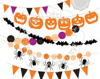 Halloween Clipart HALLOWEEN Bunting Flags and Banners- Clipart flags Halloween decor pumpkins spiders bats wreath orange black garland