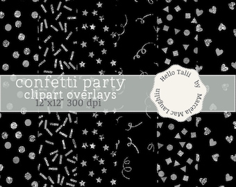 Black and Silver CONFETTI Digital Papers- Silver Glitter on black Backgrounds Party Paper Hearts Stars Dots x Halloween New Year Party
