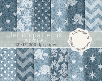 Denim DIGITAL Paper- Light and dark denim Blue Jeans backgrounds Indigo fabric textures with white hearts stars flowers damask chevron