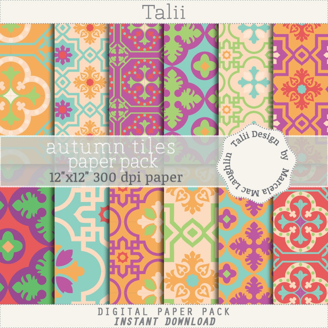 Tiles DIGITAL PAPER- Vintage Mosaics in Autumn Colors Red Purple Green ...