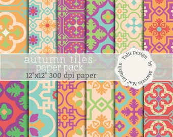 Tiles DIGITAL PAPER- Vintage Mosaics in Autumn Colors Red purple green orange teal Floral Patterns Mosaiques Arabesques for cards decor