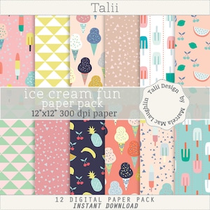 Ice Cream Digital Paper ICE CREAM FUN- Colorful ice cream cones ice pops frozen treats summer party fruits pineapple grapes lemon triangles
