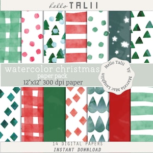 WATERCOLOR CHRISTMAS Digital Paper- Handpainted Watercolor Patterns Stripes Crosshatch Dots Diamonds Trees Backgrounds for Cards Gift Tags