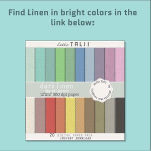 May include: A digital paper pack with 20 different textured linen patterns in bright colours. The pack is 12 inches by 12 inches and 300 dpi. The text "dark linen digital paper 12"x12" 300 dpi paper" is on the image. The text "20 DIGITAL PAPER PACK INSTANT DOWNLOAD" is on the image.