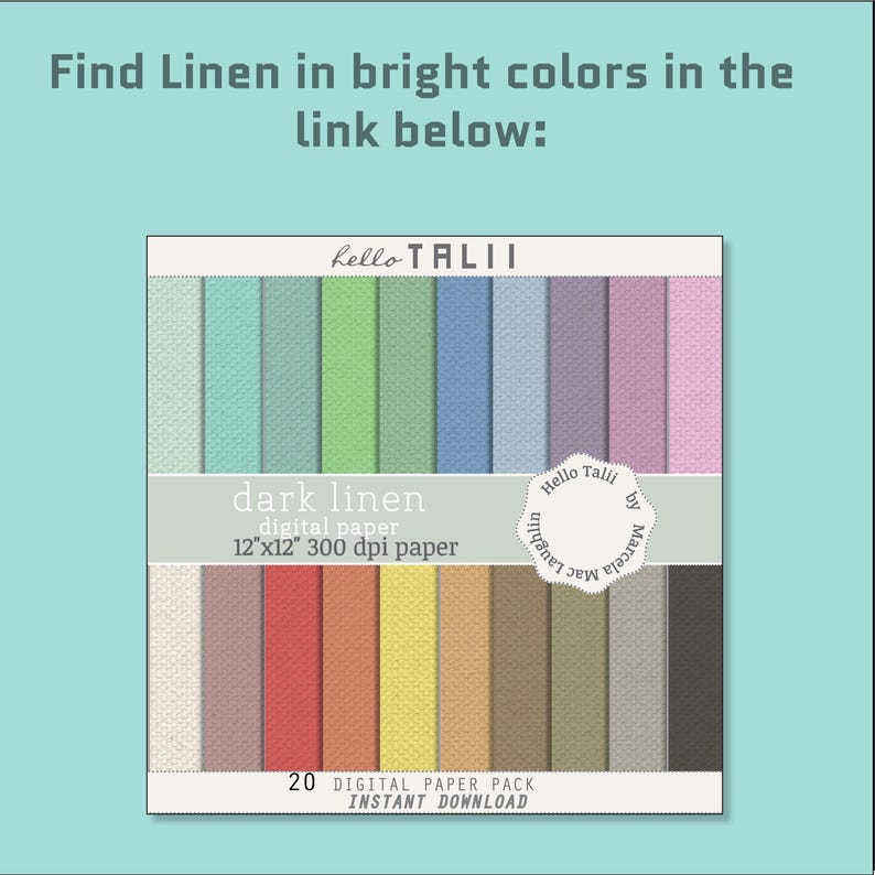 May include: A digital paper pack with 20 different textured linen patterns in bright colours. The pack is 12 inches by 12 inches and 300 dpi. The text "dark linen digital paper 12"x12" 300 dpi paper" is on the image. The text "20 DIGITAL PAPER PACK INSTANT DOWNLOAD" is on the image.