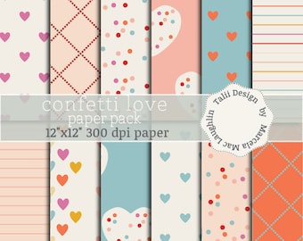 Hearts Digital Paper CONFETTI LOVE- Pastel colors backgrounds baby showers patterns valentines day paper hearts dots confetti stripes