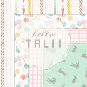 May include: A digital collage of four different patterns in pastel colors. The patterns include polka dots, gingham, stripes, and bunnies. The text "hello TALI" is in the center of the image.