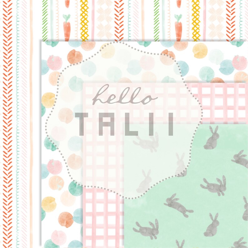 May include: A digital collage of four different patterns in pastel colors. The patterns include polka dots, gingham, stripes, and bunnies. The text "hello TALI" is in the center of the image.