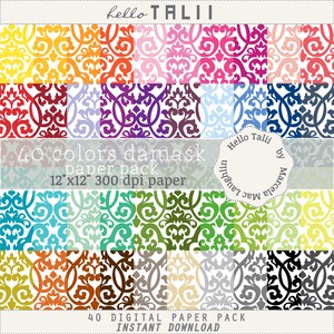 May include: A digital paper pack featuring 40 damask patterns in various colors. Each pattern is 12x12 inches and 300 dpi. The image includes the text "hello TALII" and "40 DIGITAL PAPER PACK INSTANT DOWNLOAD".