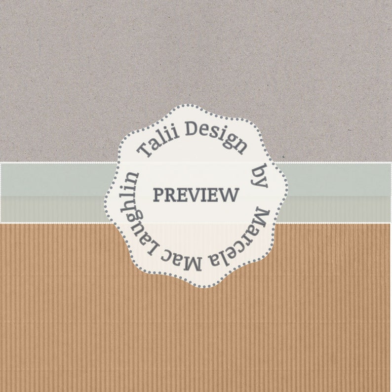 May include: A white circle with a gray border and the text "Tali Design by Marcela Laughlin" and "PREVIEW" in the center. The circle is on a background of gray, light blue, and brown.