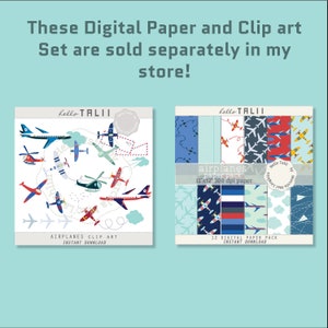 May include: A digital paper pack and clip art set featuring airplanes, clouds, and a blue and red color scheme. The paper pack includes 12 digital papers, each measuring 12 inches by 12 inches at 300 dpi. The clip art set includes a variety of airplane illustrations, including helicopters and planes. Both sets are available for instant download.