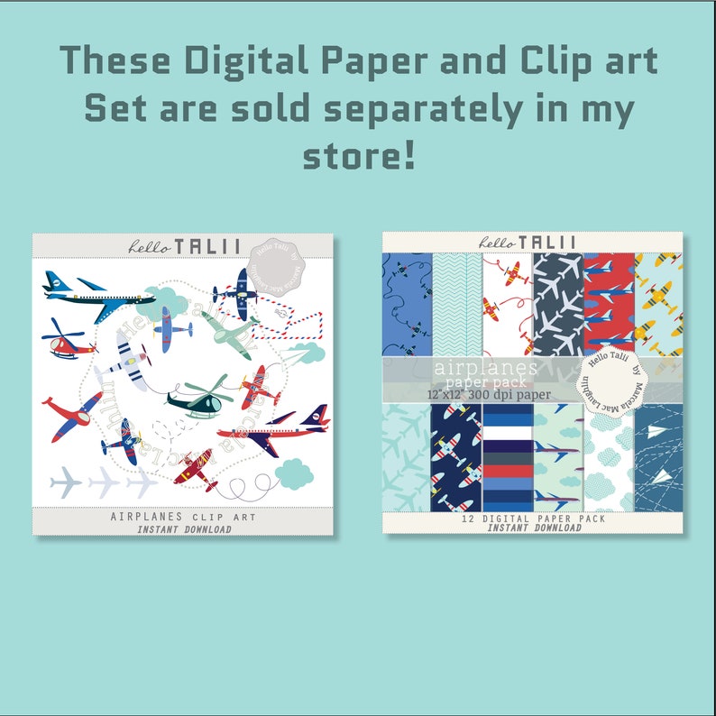 May include: A digital paper pack and clip art set featuring airplanes, clouds, and a blue and red color scheme. The paper pack includes 12 digital papers, each measuring 12 inches by 12 inches at 300 dpi. The clip art set includes a variety of airplane illustrations, including helicopters and planes. Both sets are available for instant download.