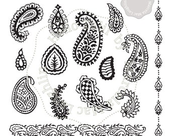 PAISLEY Clip Art- 12 Paisley STAMPS  + 2 paisley borders clipart- Arabesques indian block printing stamps for cards decor stickers decals