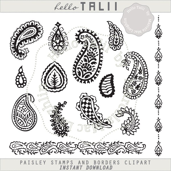 PAISLEY Clip Art- 12 Paisley STAMPS  + 2 paisley borders clipart- Arabesques indian block printing stamps for cards decor stickers decals