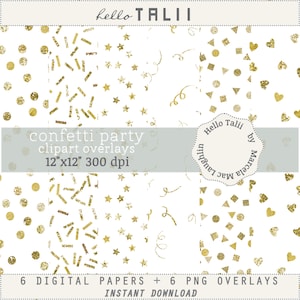 Confetti DORADO Clipart y Papel Digital JPG + PNG- 6 papeles blancos con confetti con brillos dorados +6 Png fondo transparente para fiestas