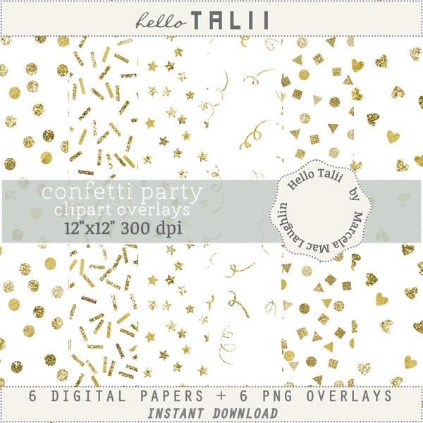 Gold CONFETTI Overlays Transparent PNG+ JPG Digital Papers- Confetti Glitter Party Clipart Overlays Sprinkles Hearts Stars Dots for Parties