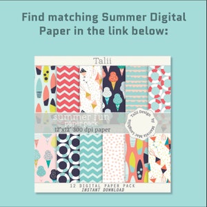 May include: A digital paper pack with 12 summer-themed patterns. The patterns include surfboards, ice cream cones, zigzags, polka dots, and life preservers. The paper pack is 12 inches by 12 inches and 300 dpi.