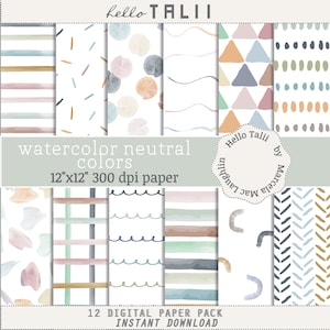 WATERCOLOR NEUTRAL COLORS Digital Paper- Neutral and Pastel Watercolor Backgrounds Handpainted Brushstrokes Sprinkles Stripes Dots Chevron