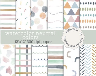 WATERCOLOR NEUTRAL COLORS Digital Paper- Neutral and Pastel Watercolor Backgrounds Handpainted Brushstrokes Sprinkles Stripes Dots Chevron