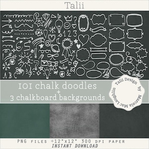 Chalkboard Doodles Clip Art- 101 WHITE CHALK DOODLES+ 3 Chalkboard Digital Paper- Back to School Clipart Blackboard Backgrounds frames signs