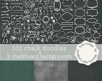 Chalkboard Doodles Clip Art- 101 WHITE CHALK DOODLES+ 3 Chalkboard Digital Paper- Back to School Clipart Blackboard Backgrounds frames signs