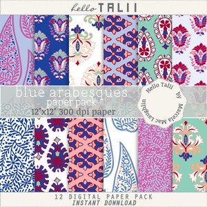 Puede incluir: Un paquete de papel digital con 12 patrones diferentes con diseños arabescos azules, rojos, rosas y blancos. Los patrones son de 30,5 cm por 30,5 cm y 300 dpi. El paquete se llama "blue arabesques paper pack" y es de Marcela Langwillin.