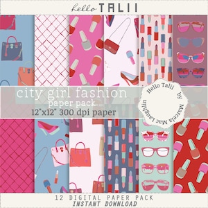 Chicas de Moda PAPEL DIGITAL- Ilustración de moda Chica de Ciudad Fondos Digitales Carteras Tacos Altos Maquillaje Rouge Esmalte Uñas Tramas
