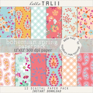 BOHO SPRING Digital Paper- Flowers and Paisley Backgrounds Bohemian Picnic Spring Pattern Teal Orange Coral Gingham Wedding Party Valentines